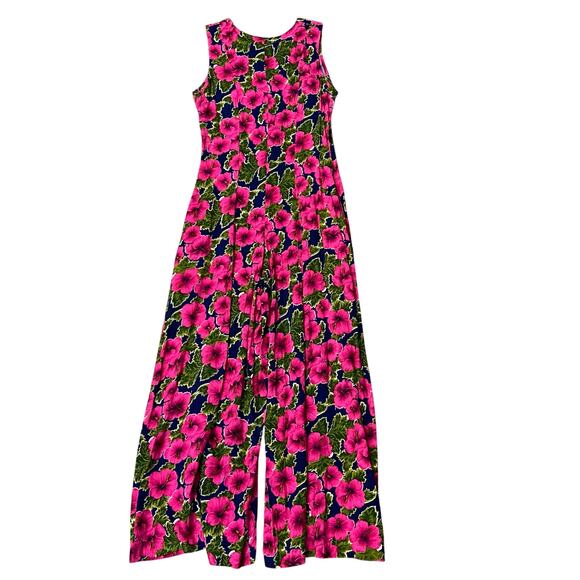 80s 90s Vintage Floral Wide Leg Jumpsuit Flowy Pink Blue Button Front Retro Boho - Picture 7 of 7